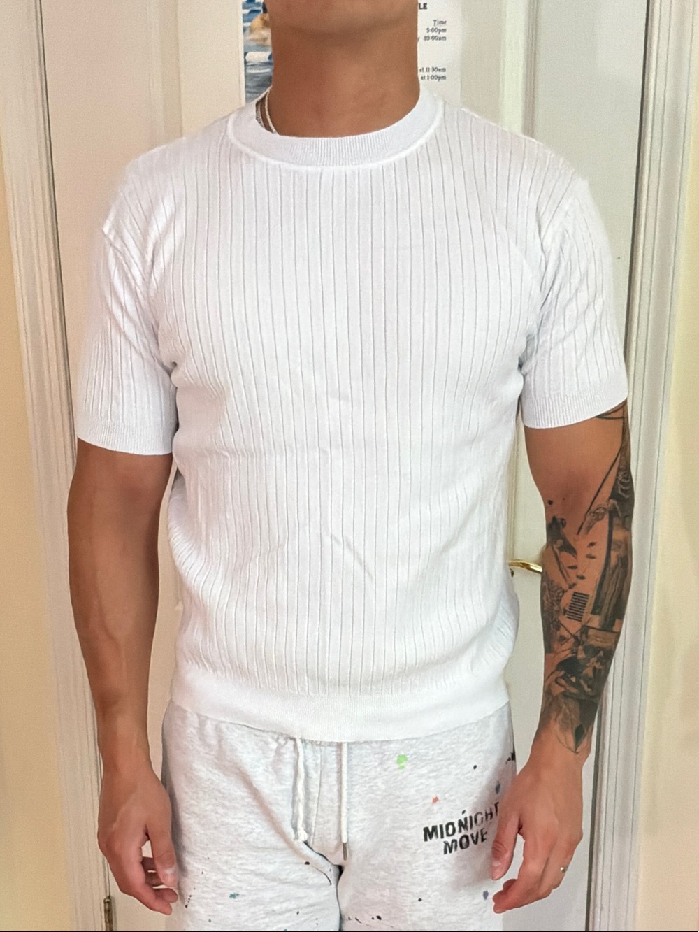 Men's White Ribbed Short Sleeve Knit Crew Shirt